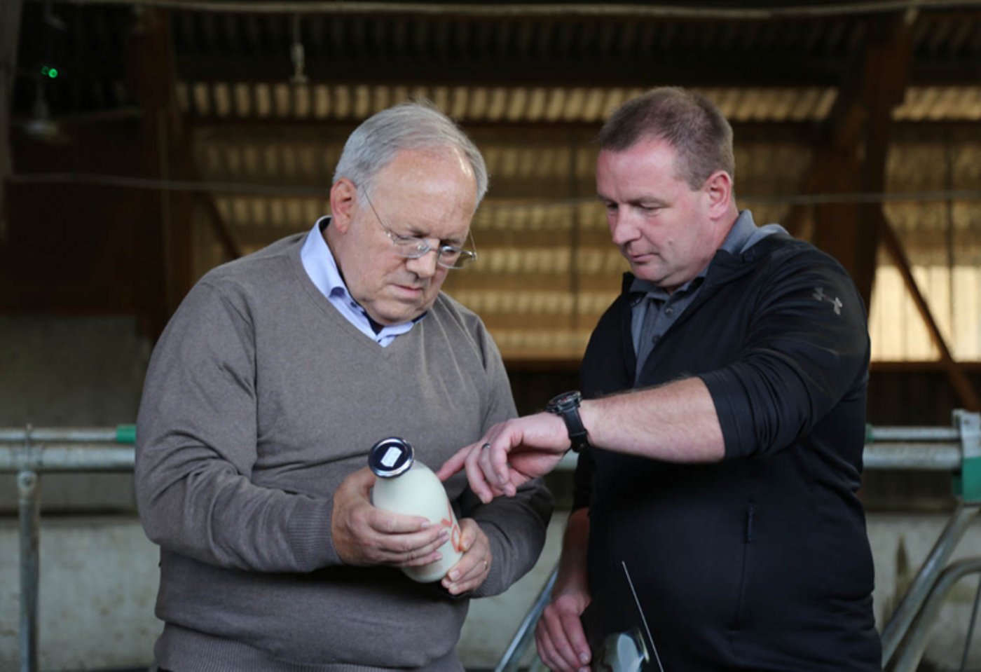 Der Wirtschaftsminister prüft die Milch der hornlosen Kühe genau. (Bild lid)