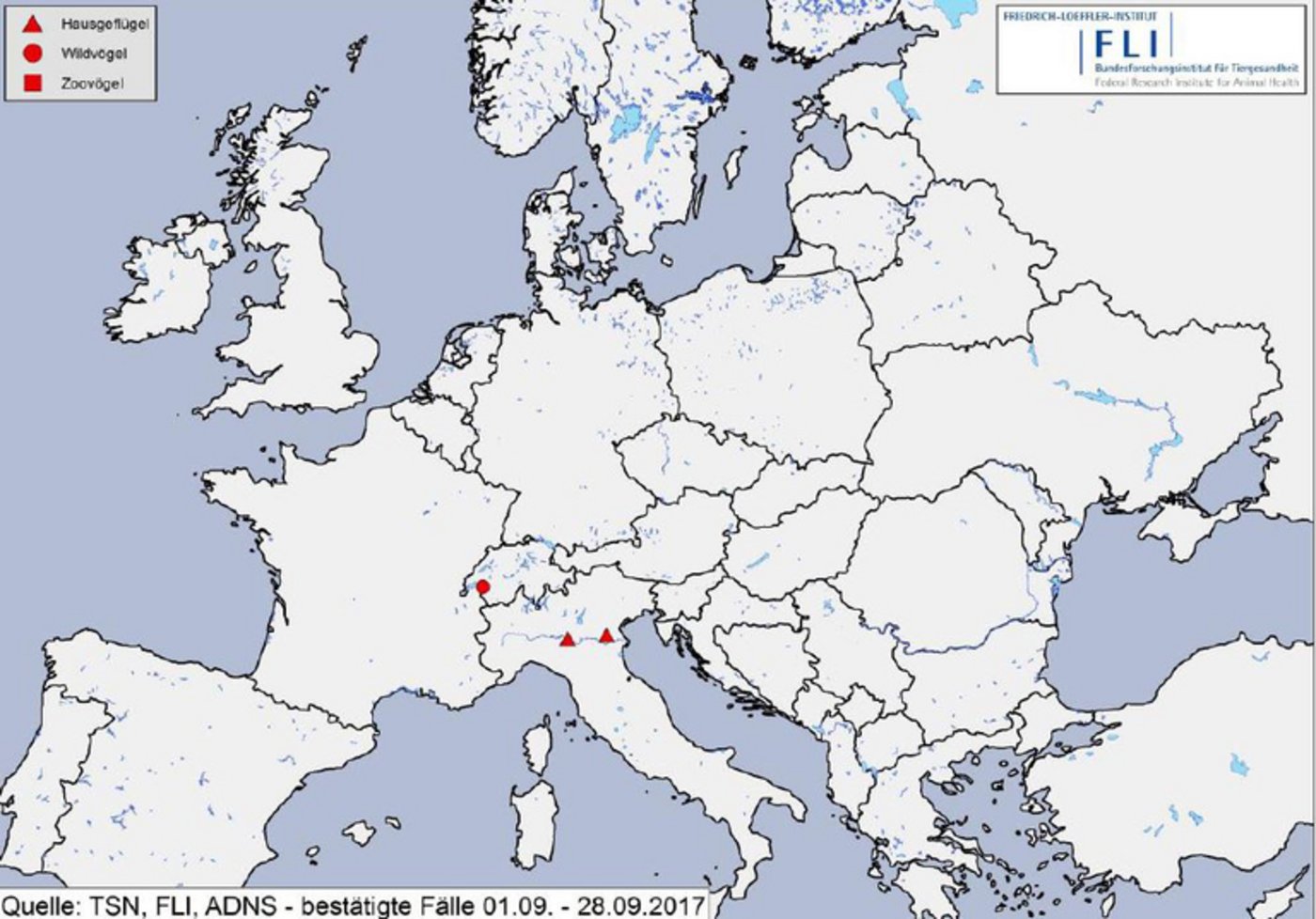 Die Fälle zwischen dem 1. und 28. September. In Italien waren Geflügel-Betriebe betroffen. (Bild FLI, BLV)