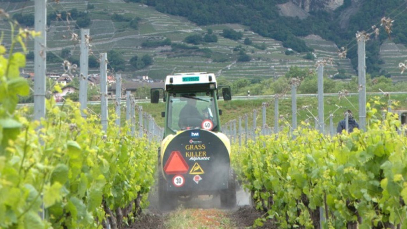 Die Maschine mit dem vielsagenden Namen «Grass Killer» (Gras-Mörder) ist die bislang einzige in der Schweiz: Das Wasser schiesst mit einem Druck von 1200 bar vertikal auf den Boden. (Bild Staatskanzlei Kanton Wallis)