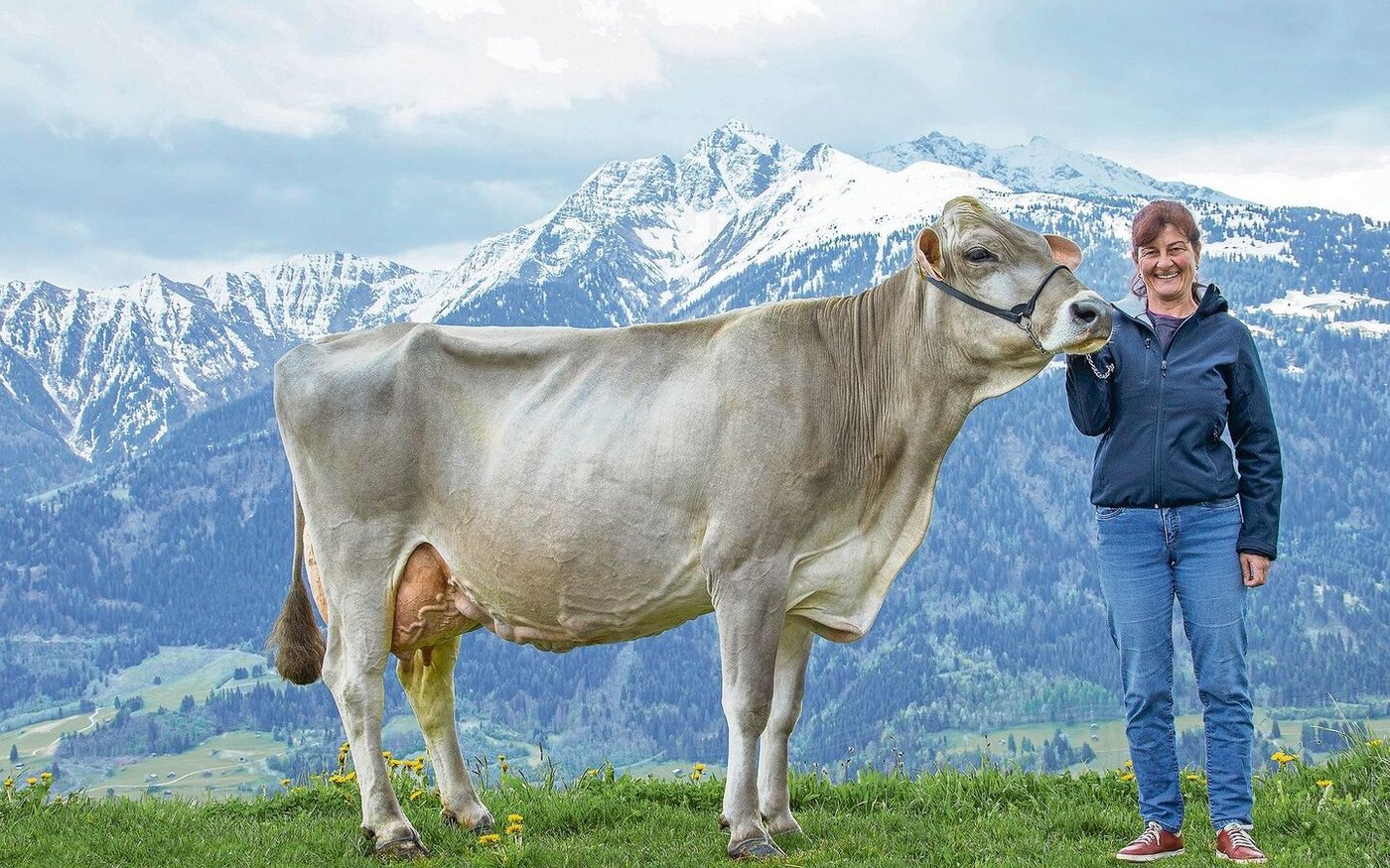 Topleistung und Langlebigkeit: Die 12-jährige Jongleur Elisa (derzeit bei 110 000 kg Milch) mit  Besitzerin Andrea Arpagaus, gezüchtet vom 2019 verstorbenen Adrian Arpagaus.