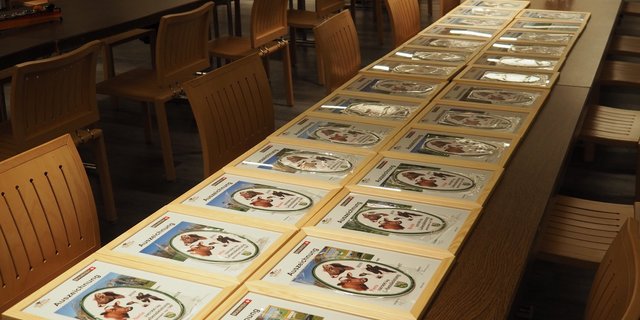 Wegen Corona war ein Gruppenfoto nicht möglich. Das Bild zeigt die Urkunden von Braunvieh Schweiz und die Plaketten der Genossenschaft Thurgauer Milchproduzenten, welche die Züchter von 100 000er-Kühen entgegennehmen durften. (Bilder Christian Weber)