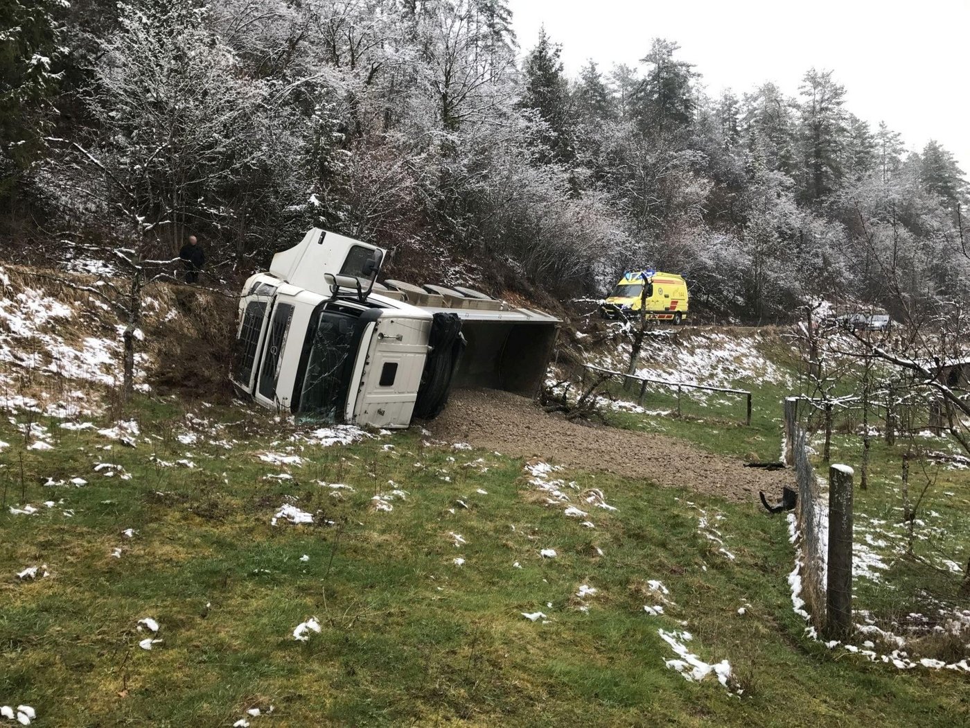 Der mit Kies beladene Lastwagen rutschte die abfallende Böschung herab. (Bild Kapo BL)