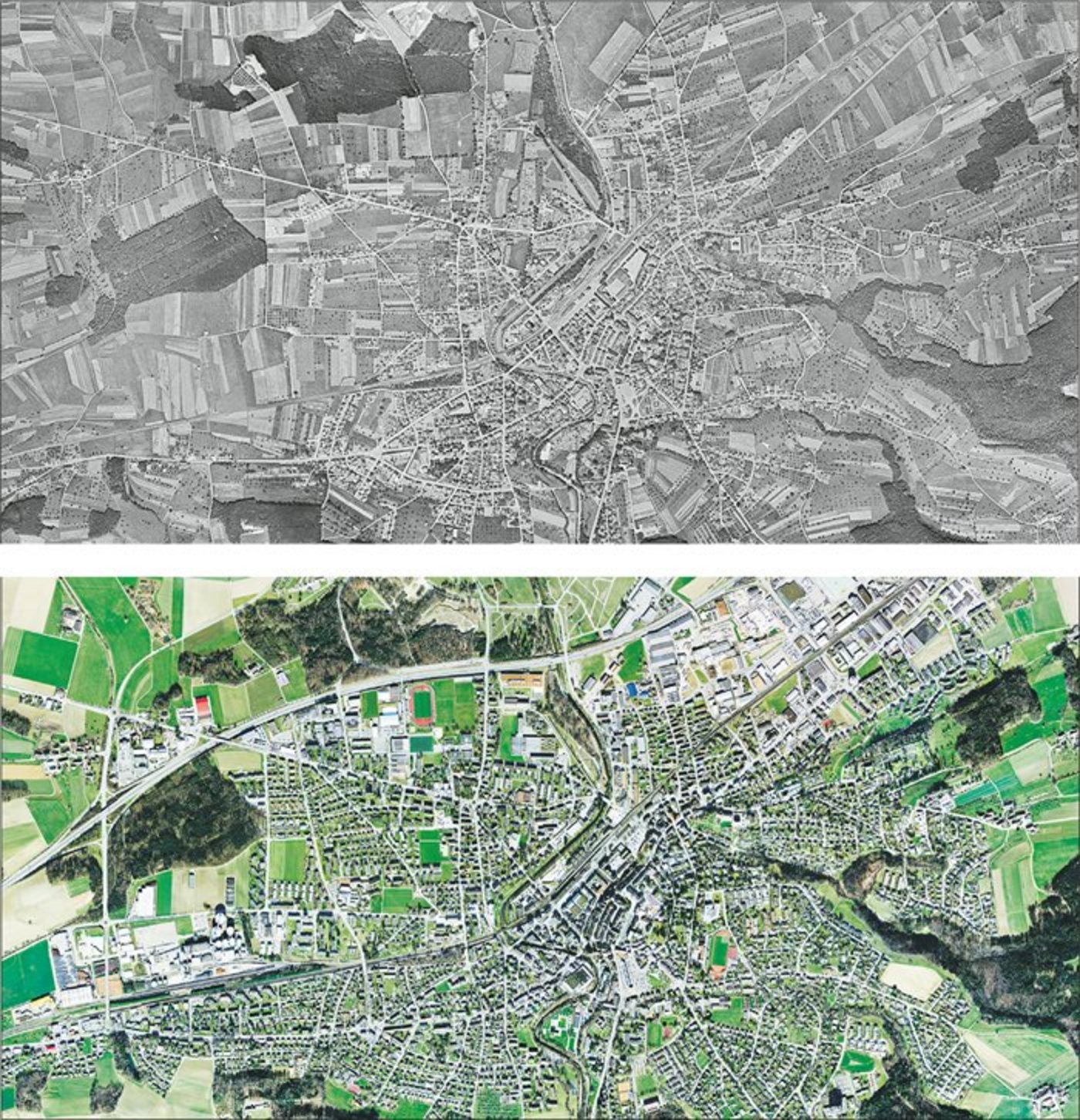 Frauenfeld 1946 und heute: Amerikanische Luftaufnahmen zeigen, wie hart die Zivilisation in die Kulturlandschaft  eingreift. Ihr Dorf finden Sie unter www.swisstopo.admin.ch. (Bild Swisstopo)