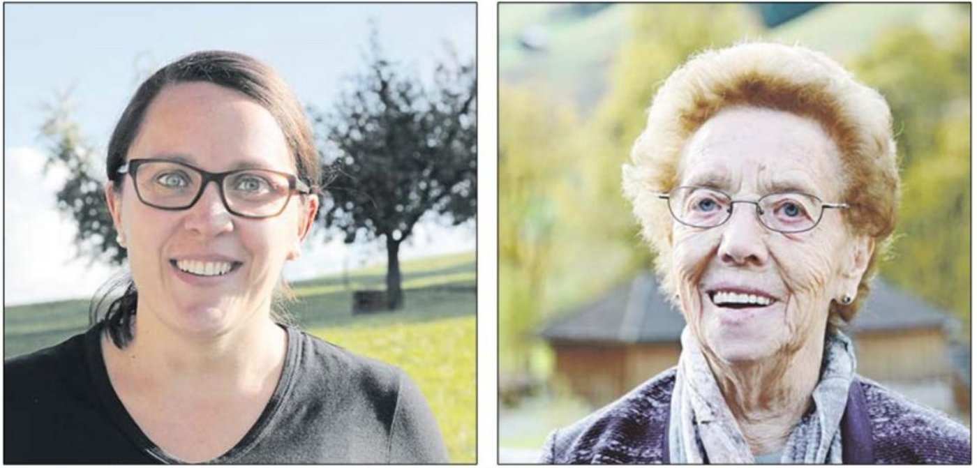 Bäuerinnen heute und früher: Martina Barmettler (links), Jungbäuerin seit Neujahr, und Theres Bleisch, die auf eine lange Zeit als Bäuerin zurückblicken kann.  (Bilder asw)