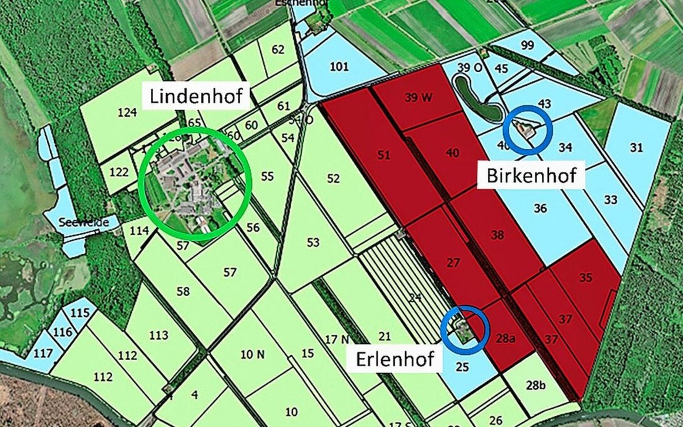 Der grüne Bereich verbleibt bei der JVA Witzwil. Der rote Bereich wird für den Landabtausch verwendet. Zum Verteilen an die lokalen Bewirtschafter bleibt nur noch der blaue Bereich.   