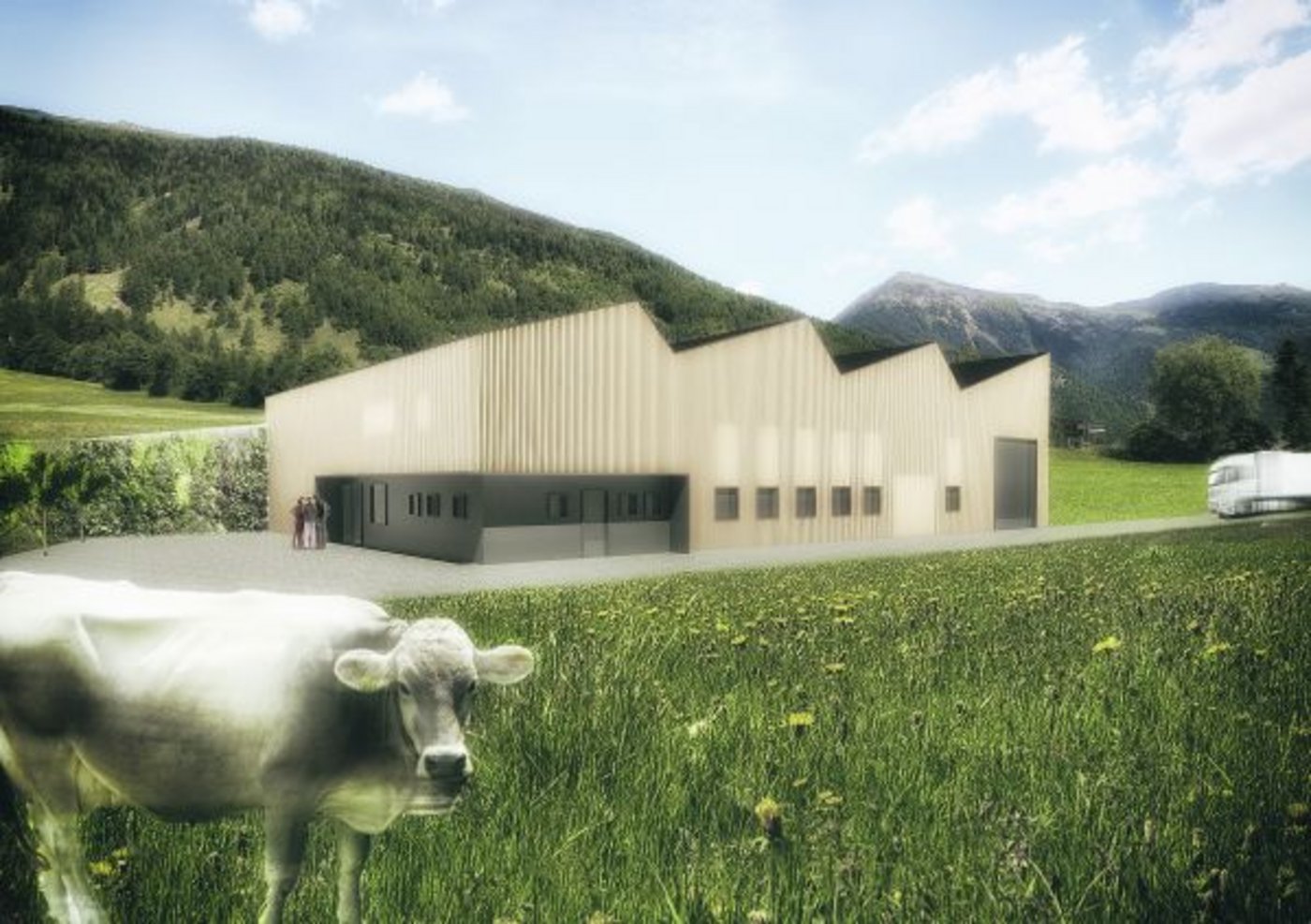 Die neue Käserei soll am Rande des Dorfes Müstair gebaut werden. Diese Fotomontage zeigt, wie die neue Käserei aussehen soll. (Bild zVg)