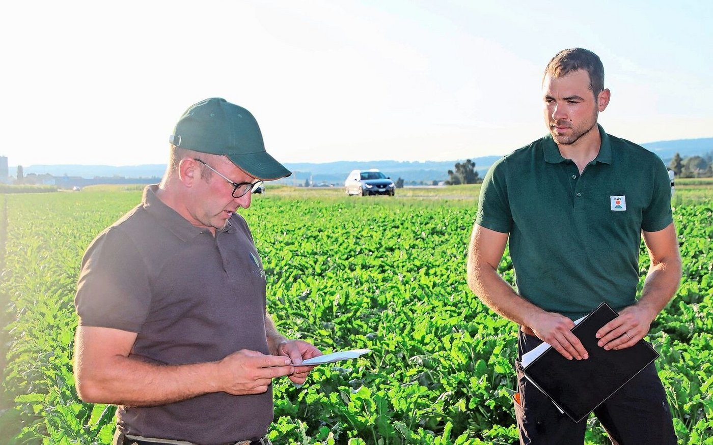 Gastgeber Harald Jöhr (l.) und Fabian Roth von der KWS Suisse SA führten durch die Zuckerrübenkulturen.	