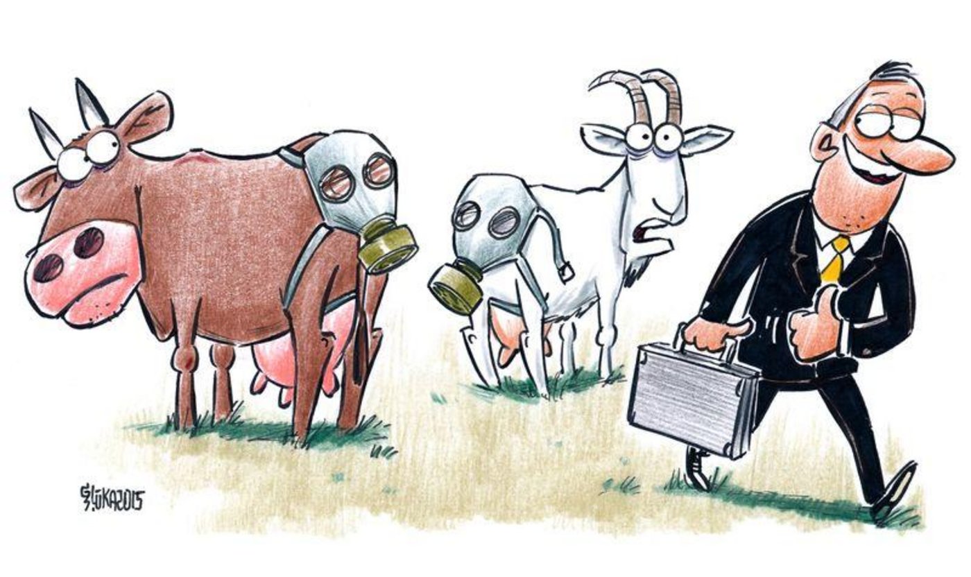 Die Kuh als Klimasünder bereitet vielen Leuten Bauchschmerzen. Wie kann man Tierwohl und Klimaschutz miteinander vereinen?  Das ist eine Frage, die es zu klären gilt. (Karikatur Gatis Sluka)