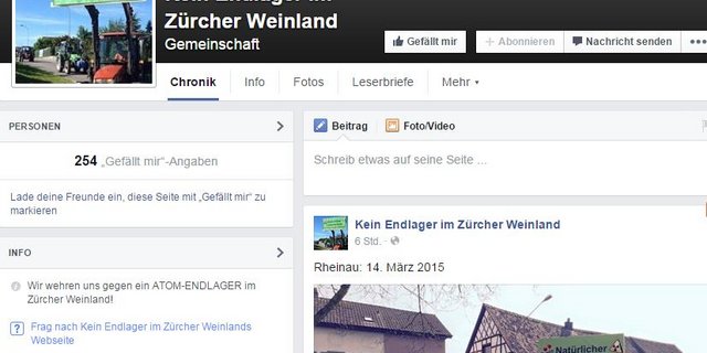Die Interessengemeinschaft macht derzeit auf Facebook Mobil gegen die Endlagerung im Zürcher Weinland. (Bild Bildschirmausschnitt der Facebook-Gruppe)
