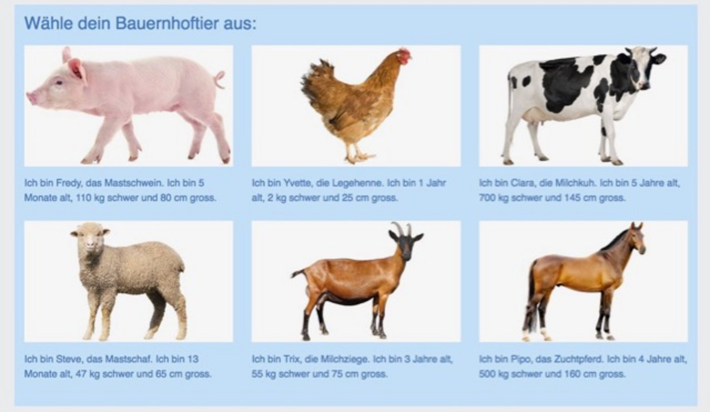 Für das Quiz kann man sein gewünschtes Nutztier auswählen. (Bild Screenshot stallvisite.ch)