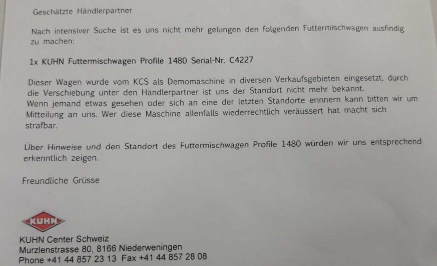 Mit diesem Schreiben sucht der Landtechnikhersteller Kuhn Center Schweiz nach einem vermissten Futtermischwagen. (Bild zVg)