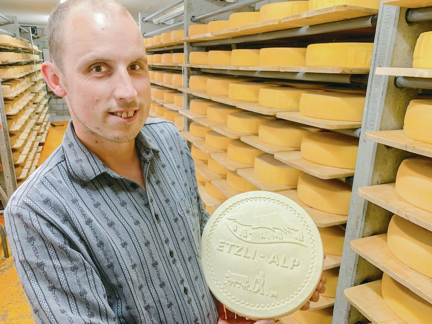 Stolz präsentiert Daniel Ulrich im Käsekeller den Etzlialp Käse, erstmals mit eigenem Siegel.  (Bild Josef Scherer)