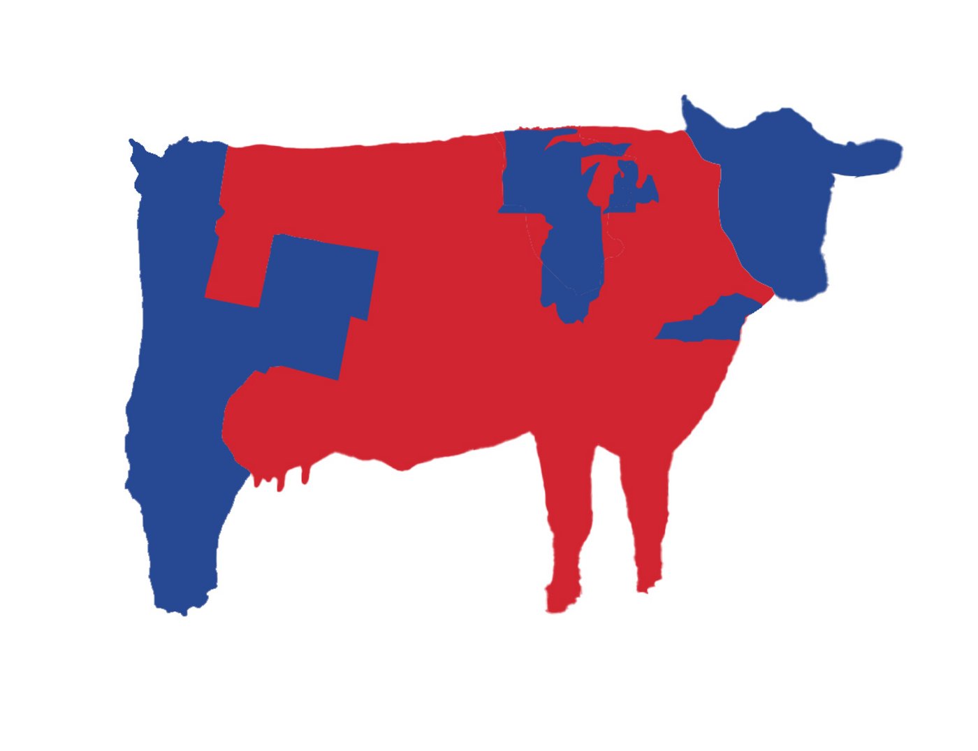 Wie die politische Landschaft der USA aussehen würde, wenn sie die Form einer Kuh hätten. Blau steht für Gebiete mit demokratischer Mehrheit, die roten Gebiete haben republikanische Mehrheiten. (Grafik Karl Sharro/Twitter) 