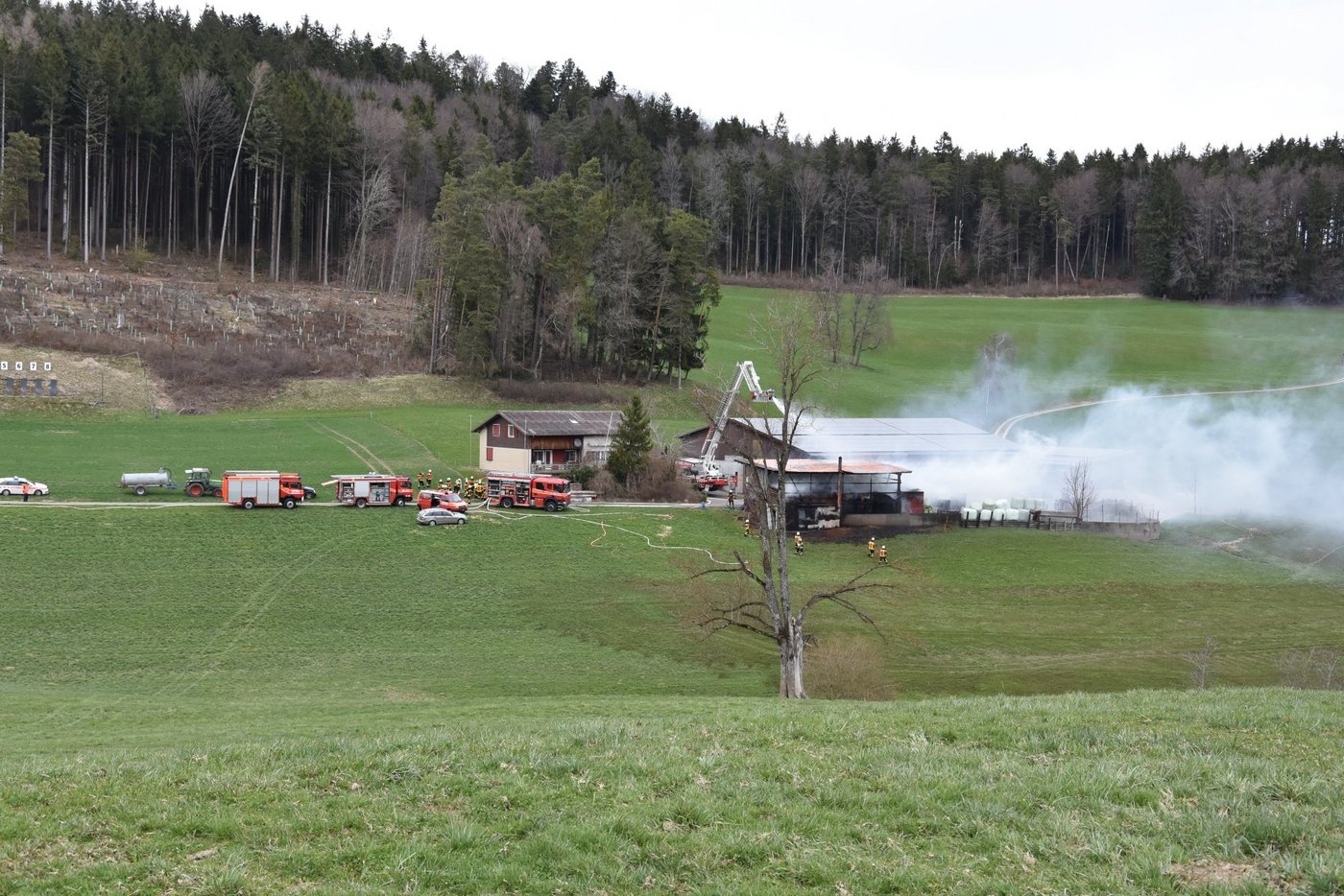 Die Feuerwehr konnte verhindern, dass der Brand auf den Stall und das Wohnhaus des Bauernhofs übergriff. (Bild Kapo SG)