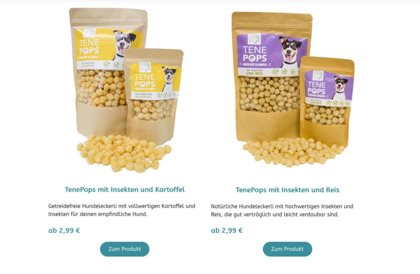 Die Hundeleckerli der Marke «Tene Trio» werden aus Mehlwürmern hergestellt: Hier ein Blick in den Onlineshop. (Bild Screenshot tenetrio-shop.de)