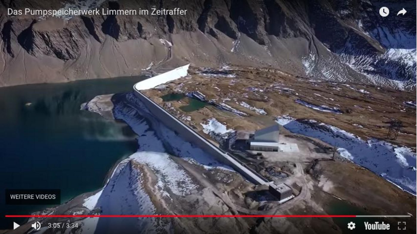 Die Leistungssteigerung der Wasserkraft geht gemäss BFE grösstenteils auf die Inbetriebnahme des Pumpspeicherkraftwerks Linth Limmern (GL) zurück. (Screenshot youtube.com/axpo)