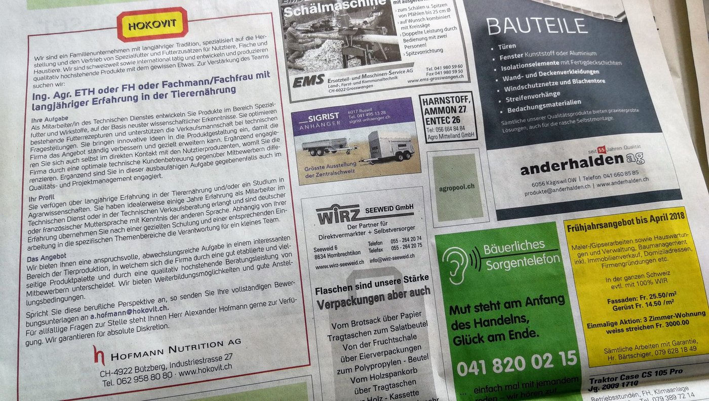 Alle Inserate der BauernZeitung werden ab sofort durch den Mutterverlag abgewickelt. (Bild BauZ)