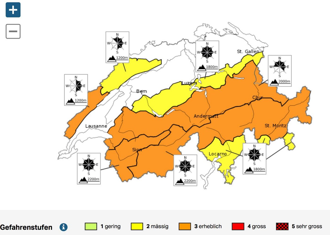 Die Lawinengefahr ist in vielen Schweizer Berggebieten verbreitet. (Bild Screenshot Institut für Schnee und Lawinenforschung)
