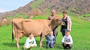 Werner und Margrit K Werner und Margrit Kenel mit den Kindern Michaela (8), Pirmin (6) und Daniel (10) sowie der Casino-Tochter Carola (EX 94; HL 8823 kg Milch, 5,57 % Fett; 4,22 % Eiweiss, 18 Zellzahl).
