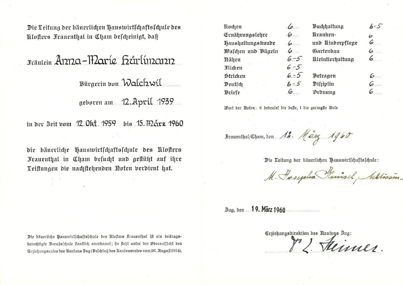 Auch die Schulfächer sind nicht mehr die gleichen, wie dieses Zeugnis der bäuerlichen Hauswirtschaftsschule des Klosters Frauenthal in Cham zeigt.