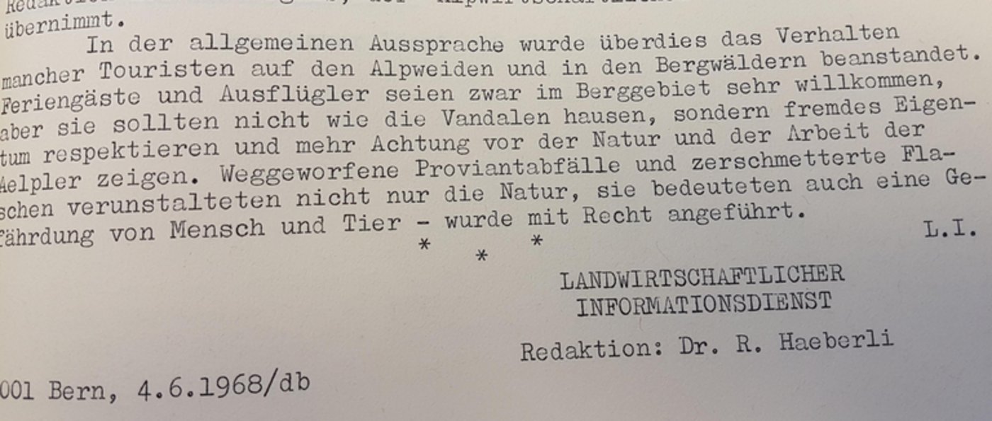 In den Mitteilungen des L.I. vom 4.6.1968 wird das Verhalten der Alpenbesucher beanstandet. (Bild lid)