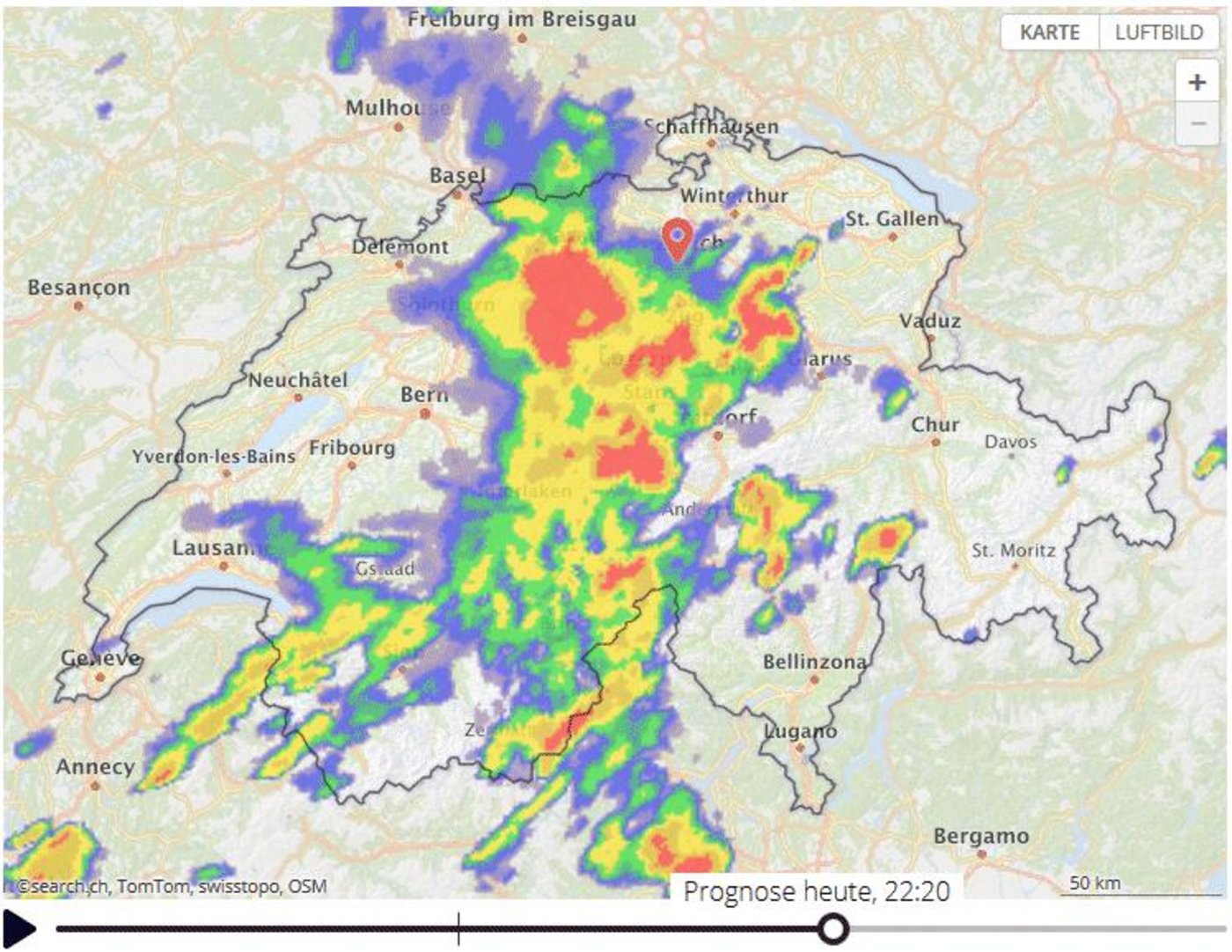 Angekündigtes Donnerwetter: Die Prognosen von gestern vormittag. (Screenshot search.ch / Sturmforum)