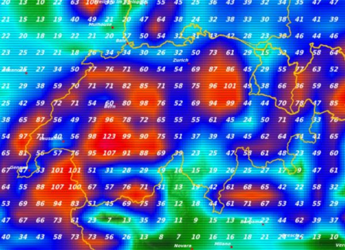 Die Grafik von Meteonews zeigt, wo die Gefahr von Hochwasser am höchsten ist. (Grafik Meteonews)