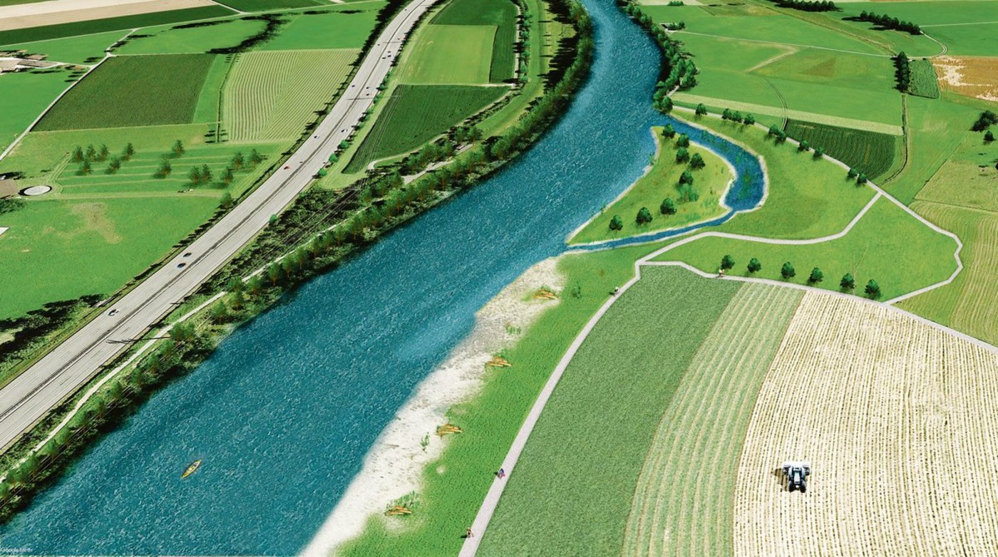 Für den  Hochwasserschutz müsse die Reuss ausgeweitet werden. Das verbraucht viel Land. Die Suche nach Realersatz sei bei der unteren Reuss (Bild) schwierig, sagt der Kanton.(Visualisierung zVg)