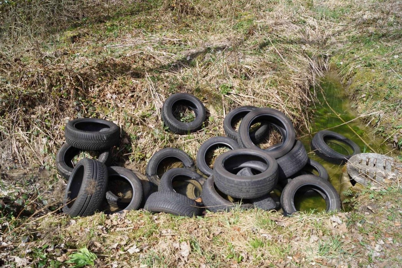 Wald als Mülldeponie missbraucht: Insgesamt 22 Fahrzeugreifen wurden auf diese Art entsorgt. (Bild Kapo ZG)