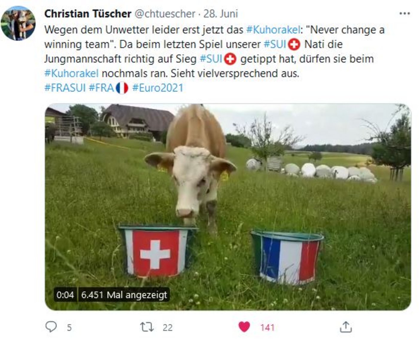 Top-Tipp gegen Frankreich. (Screenshot Twitter @chtuescher)