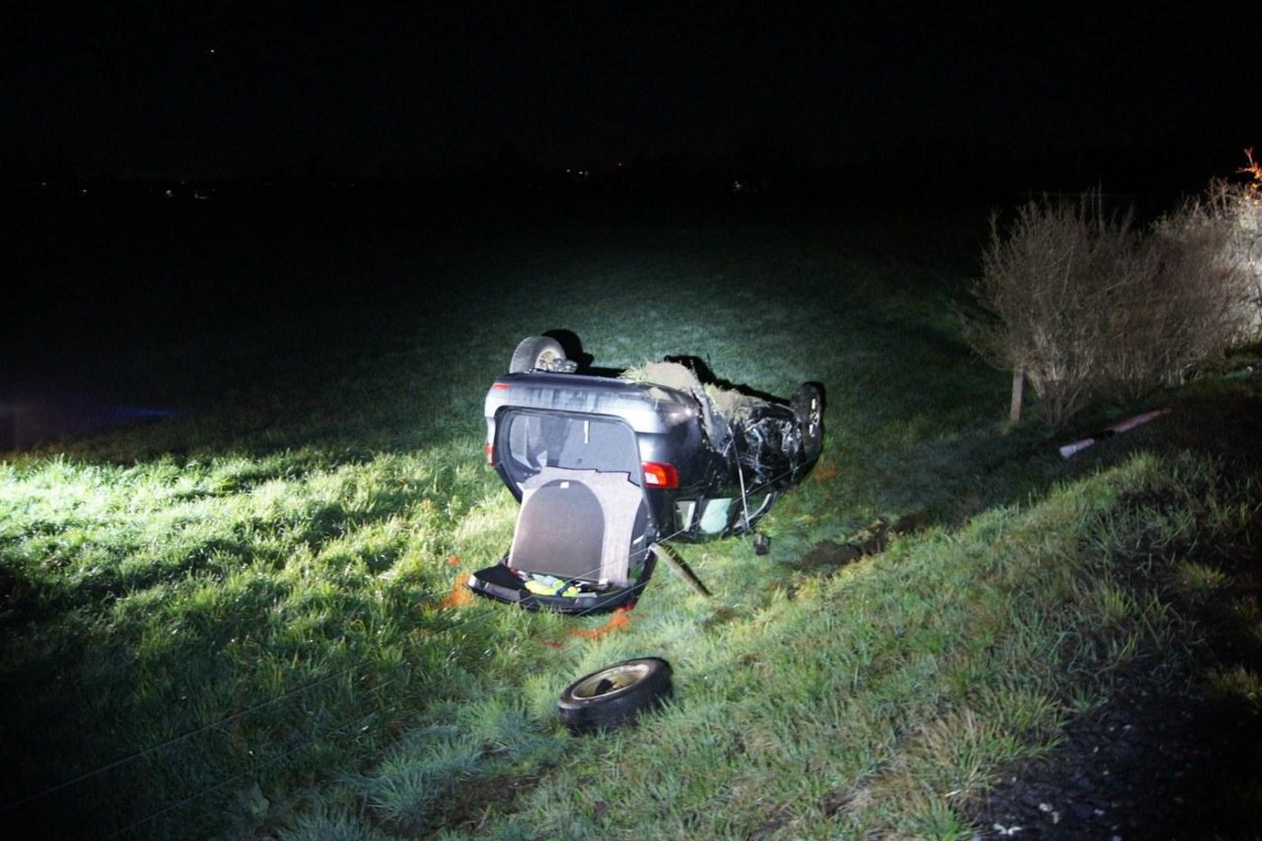 Das korrekt fahrende Auto landete nach der Kollision auf dem Dach auf einer Wiese. (Bild Kapo ZG)