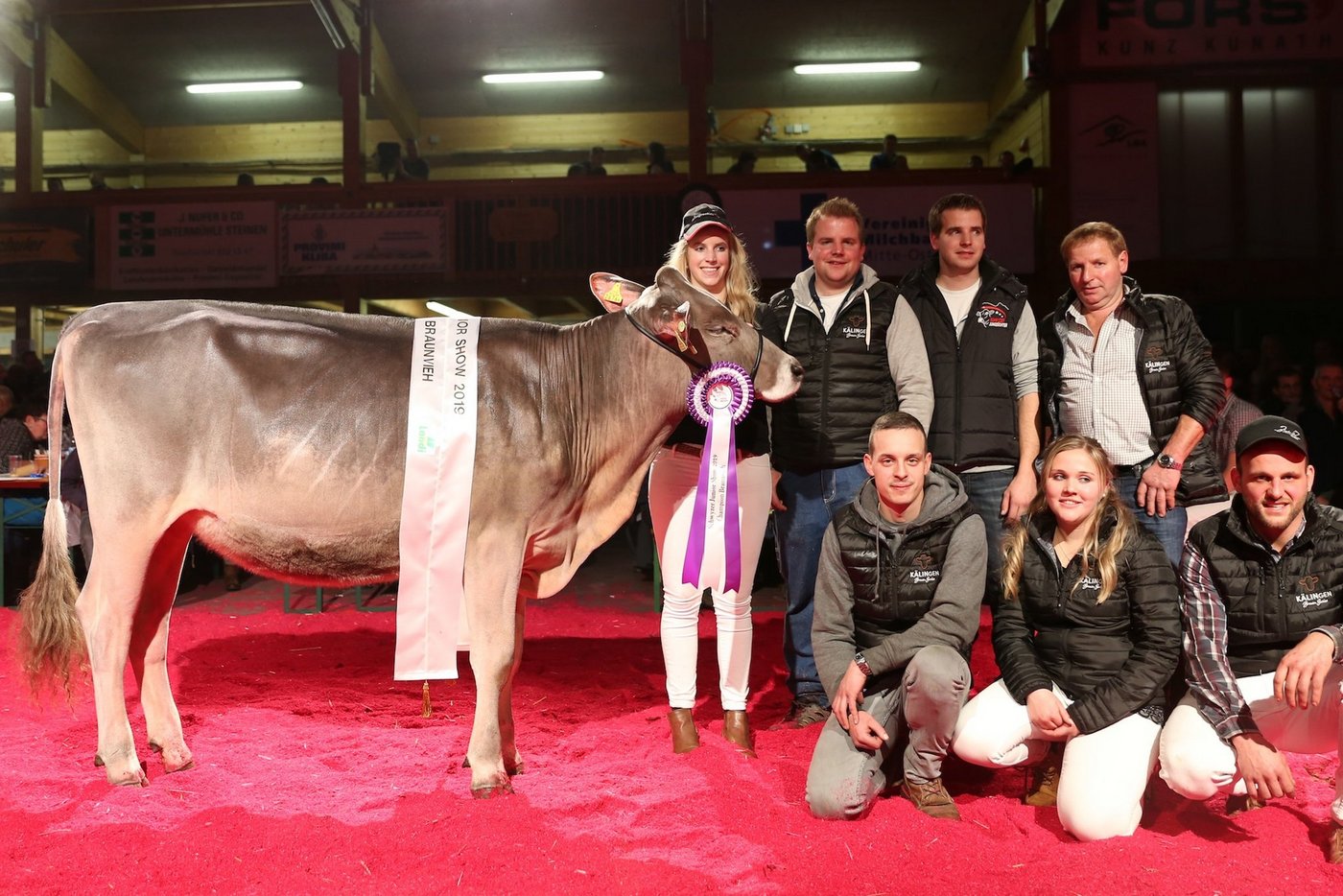 Die Züchterfamilie Paul Kälin, Steinen mit der Braunvieh Rinderchampion Calvin Chanel. (Bild reb)
