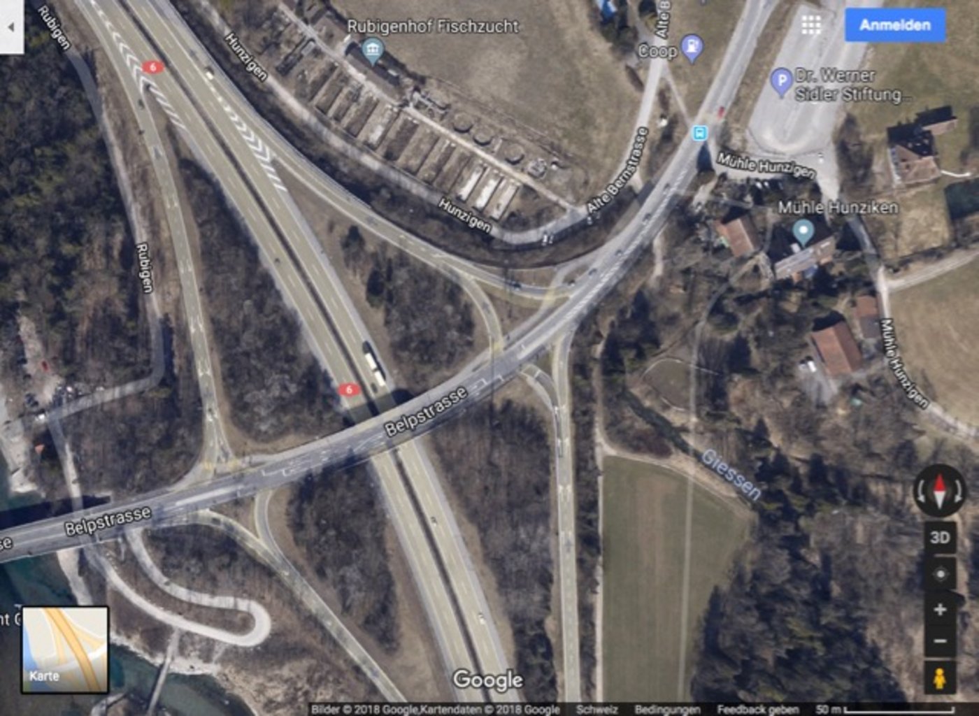 Die Pferde gelangten über die Ausfahrt Rubigen in Fahrtrichtung Bern auf die A6. (Screenshot Google Maps)