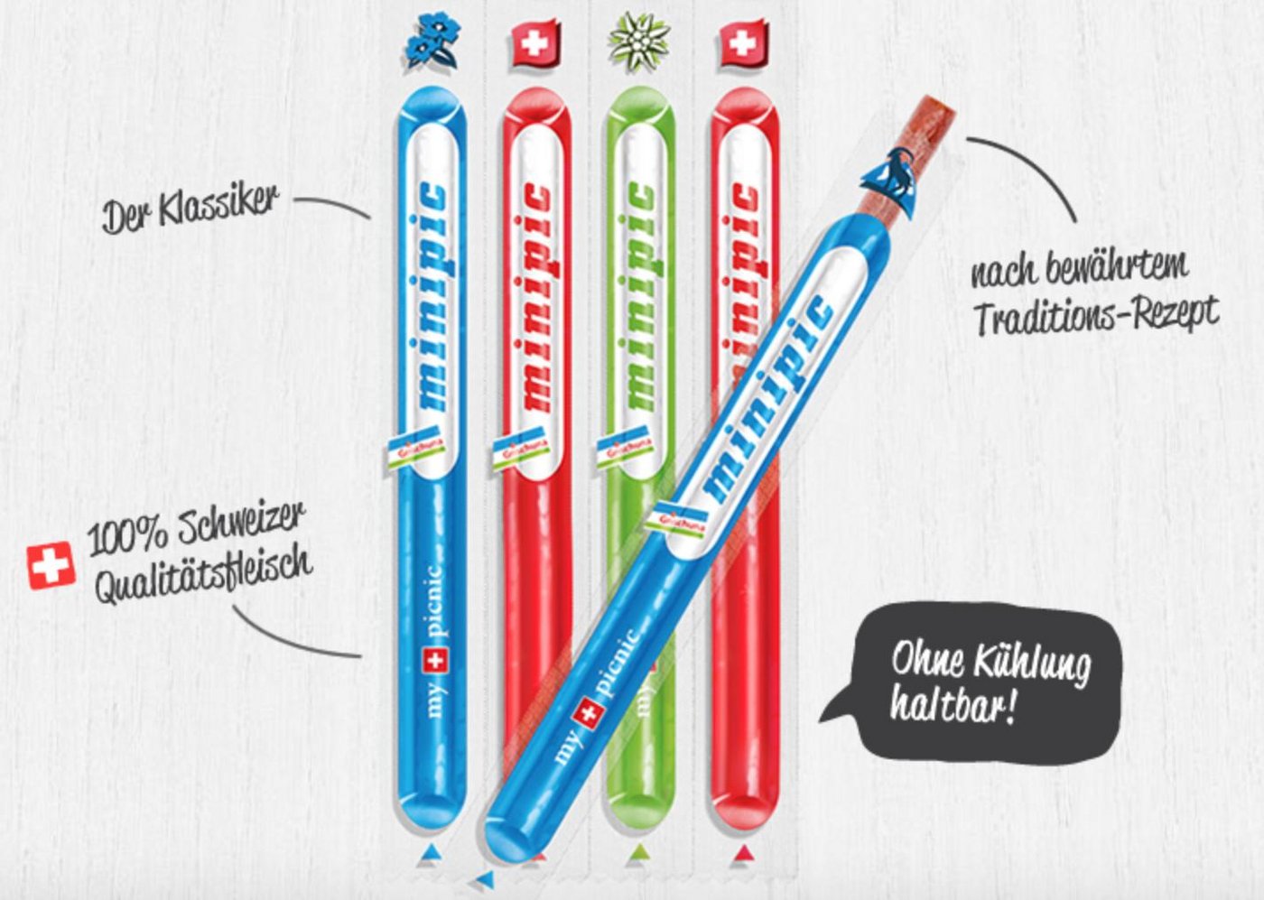 In den Fleischsnacks der Sorte "minipic" können von bis zu zwei Zentimeter grosse blaue Plastikstücke stecken. (Screenshot minipic.ch)